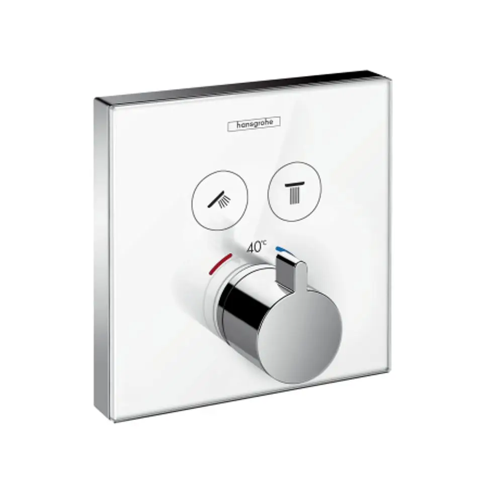 Hansgrohe Thermostat mit Glasfront für die Wandmontage. Drehknopf zur Temperaturregelung, zwei Auslässe für Wasser und separate Symbole für verschiedene Funktionen.